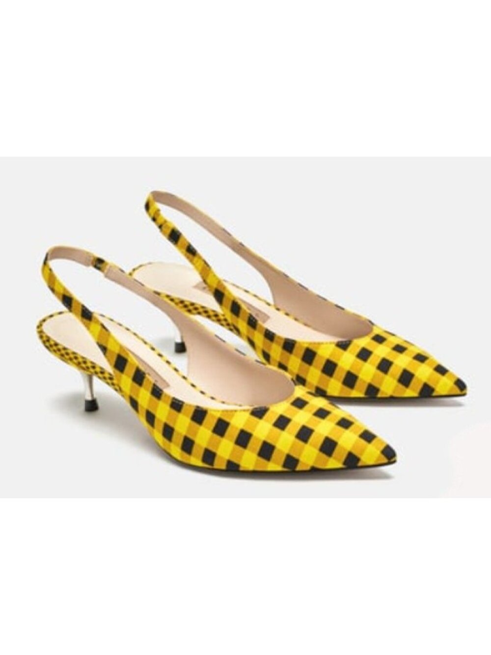 ZARA Women's Yellow/Black Gingham Slingback Pointed Toe Sandals Size 39
